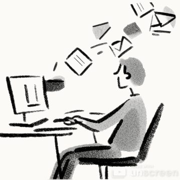 Animated illustration of person working with floating documents and emails